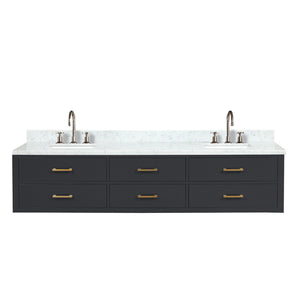 English Elm Black Double Bath Vanity 84" W x 22" D with Carrara Marble Top, Chrome Gooseneck Faucets, Soft-Close cabinetry B2731P258138