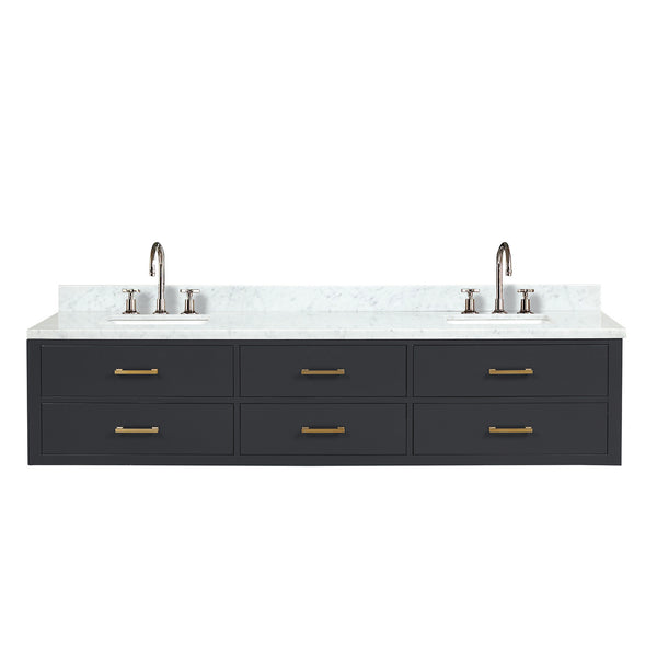 English Elm Black Double Bath Vanity 84" W x 22" D with Carrara Marble Top, Chrome Gooseneck Faucets, Soft-Close cabinetry B2731P258138
