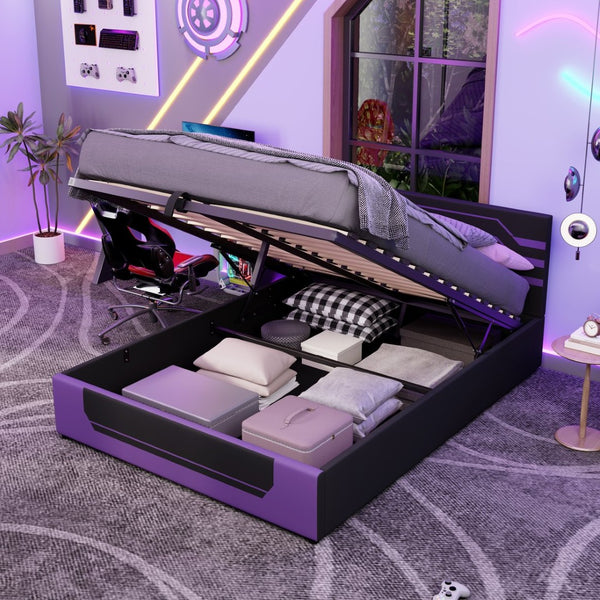 English Elm Modern Cyberpunk Queen Platform Bed Hydraulic Storage Pu Upholstered Gaming Frame Purple+Black SF000205AAI