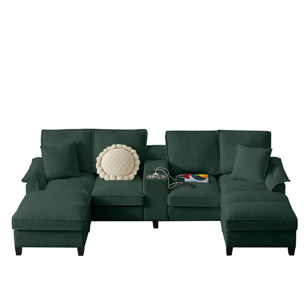 English Elm 120" Modular Corduroy Sectional Sofa Bed with Storage, U-Shaped 4-Seater, Cup Holders & Console Green W1359S00011