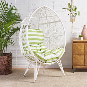 English Elm Christopher Knight Home® - GIANNI Teardrop Wicker Outdoor Chair with Water-Resistant Cushion, Handcrafted Faux Rattan Iron Frame Comfort White+Green 65645.00WGRN