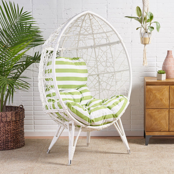 English Elm Christopher Knight Home® - GIANNI Teardrop Wicker Outdoor Chair with Water-Resistant Cushion, Handcrafted Faux Rattan Iron Frame Comfort White+Green 65645.00WGRN