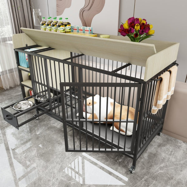 English Elm Large Iron Mdf Pet Enclosure with Storage Cabinet Rolling Casters and Steel Feeding Basins W3064P245384