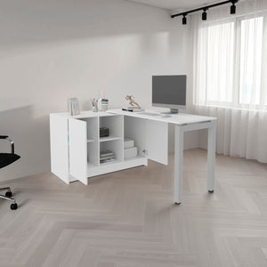 English Elm Desk Corner L-Shaped 28.5" H White Engineered Wood with 2 Doors, 5 Shelves, Space-Saving Office Organizer B097S00199