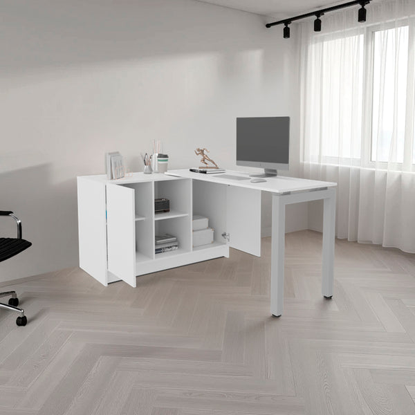 English Elm Desk Corner L-Shaped 28.5" H White Engineered Wood with 2 Doors, 5 Shelves, Space-Saving Office Organizer B097S00199