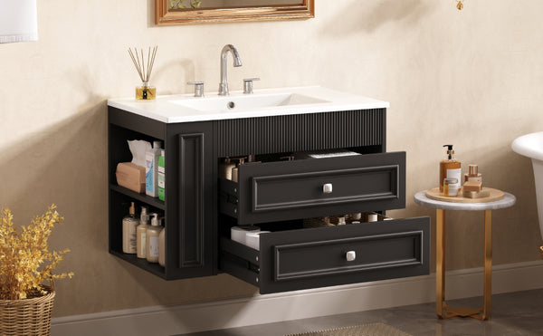 English Elm 30'' Wall Mounted Bathroom Vanity with Ceramic Sink, Floating MDF Cabinet, Soft-Close Drawers & Ample Storage Black N710P334915B