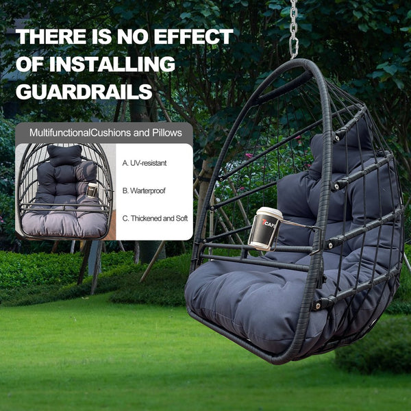 English Elm Swing Hammock Egg Chair with Wood-Grain Alloy Frame, UV-Resistant Rattan, Foldable 350lb Capacity Black W2707P184373