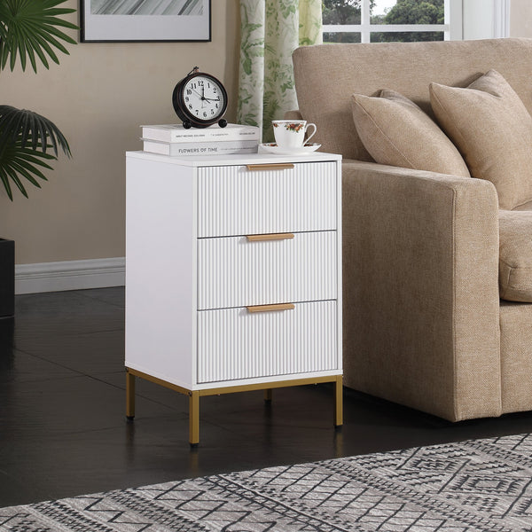English Elm Nightstand with Drawer | 3-Tier Modern Bedside Table with Hidden Drawer, Open Shelves, Sturdy Build White+Gold 27.4 L x 17.9 W x 6.3 H W3151P345786