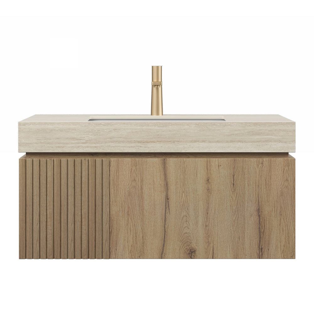 English Elm MURI Modern Wall-Mounted Vanity with Sintered Stone Top and Ceramic Basin, Plywood Cabinet, 39" Beige,White Oak W2615S00336