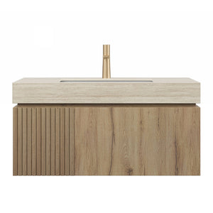 English Elm MURI Modern Wall-Mounted Vanity with Sintered Stone Top and Ceramic Basin, Plywood Cabinet, 39" Beige,White Oak W2615S00336