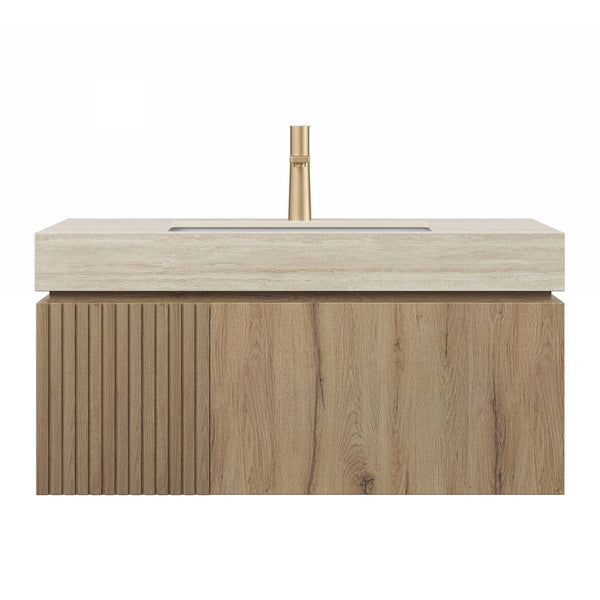 English Elm MURI Modern Wall-Mounted Vanity with Sintered Stone Top and Ceramic Basin, Plywood Cabinet, 39" Beige,White Oak W2615S00336