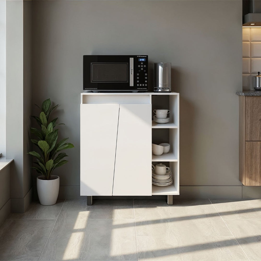 English Elm Way White Kitchen Storage Cabinet with Microwave Platform and Open Display Shelving B128P485400