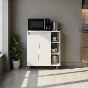 English Elm Way White Kitchen Storage Cabinet with Microwave Platform and Open Display Shelving B128P485400