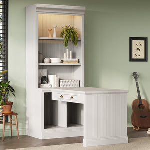 English Elm 83.4"Tall Bookshelf with Writing Desk White – Modern Solid Wood Workstation with LED, Drawer & Adjustable Shelf N751S280597K