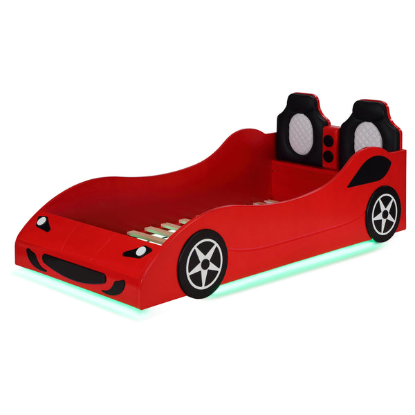 English Elm Solana Race Car Twin Bed with LED Underglow Lights, Padded Seat Headboard & Realistic Wheels - Red B062S01111