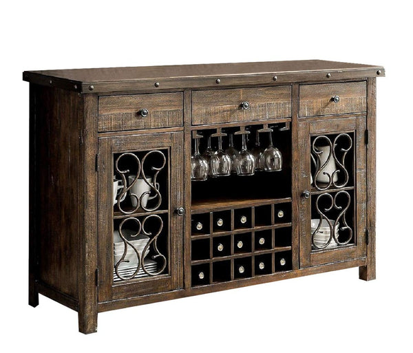English Elm Rustic Walnut Solid Wood Dining Server with Wine Rack and Ornate Scroll Metalwork B2741P456486