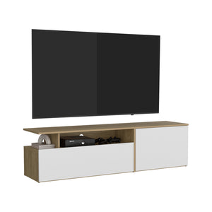 English Elm Tv Stand with Three Open Shelves for Media Storage and Decor, Slim Profile, Eco-Friendly Engineered Wood Natural Wood 68.9 L x 22.05 W x 4.33 H B097P296883