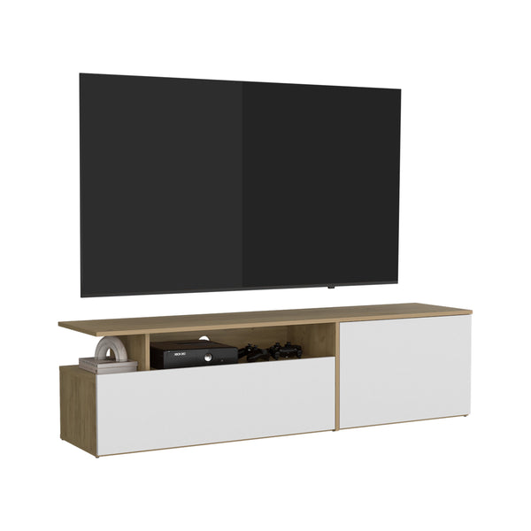 English Elm Tv Stand with Three Open Shelves for Media Storage and Decor, Slim Profile, Eco-Friendly Engineered Wood Natural Wood 68.9 L x 22.05 W x 4.33 H B097P296883