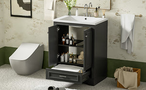 English Elm 24'' Bathroom Vanity with Ceramic Sink Combo Modern Freestanding MDF Cabinet with Soft-Close Doors and Sleek Silver Handles for Spacious Organized Bathroom Storage Black N710P194893B