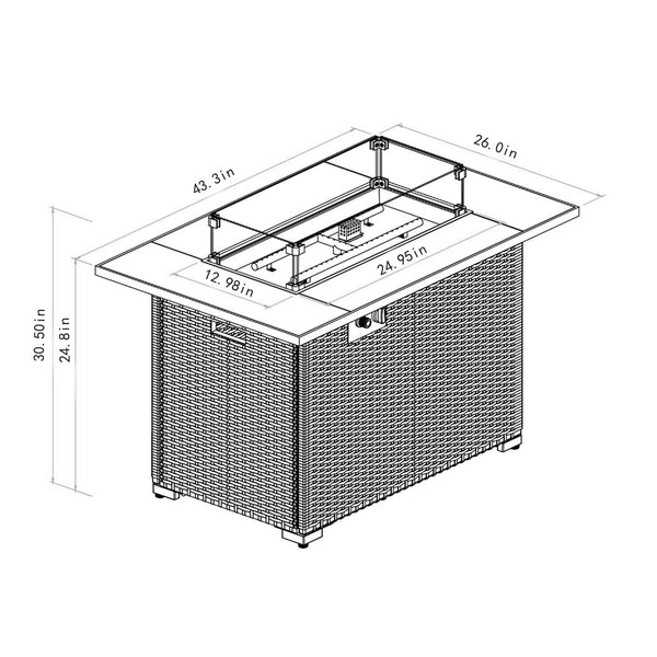 English Elm 44" 44" Propane Fire Pit Table 50000 BTU Rectangular Ceramic Tile Top Wicker Base Glass Rocks Windshield W85343036