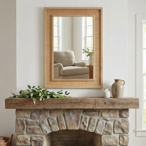 English Elm Natural Rattan Wrapped Solid Wood Rectangular Mirror Handcrafted Farmhouse Bathroom Entryway Natural Wood W2203P436617