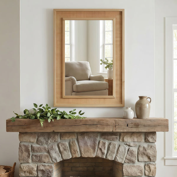English Elm Natural Rattan Wrapped Solid Wood Rectangular Mirror Handcrafted Farmhouse Bathroom Entryway Natural Wood W2203P436617