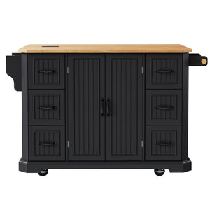 English Elm K&K 56-Inch Kitchen Island Cart with Embossed Vertical Stripe, Drop Leaf, Charging Station, Storage Black N707P266184B