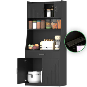 English Elm 71" Kitchen Storage Cabinet with Charging Station, Black MDF Pantry, Anti-Tip, Drawer & Countertop W2227P160486