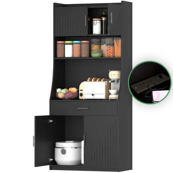 English Elm 71" Kitchen Storage Cabinet with Charging Station, Black MDF Pantry, Anti-Tip, Drawer & Countertop W2227P160486