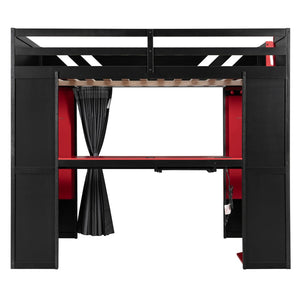 English Elm Full Size Loft Bed with Desk Blackout Curtains Rgb Lighting and Integrated Storage Black+Red LT000377AAJ