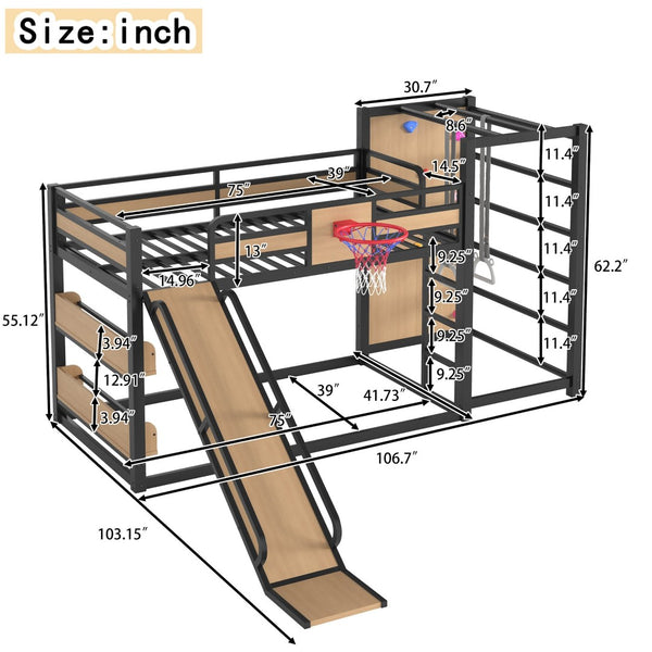 English Elm Twin Metal Loft Bed with Slide Basketball Hoop Climbing Wall and Built-in Shelves W1580S00631