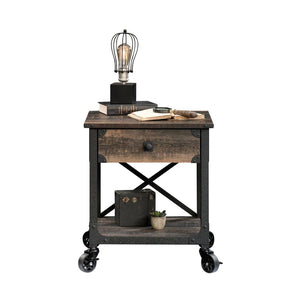 English Elm Side Table With Rolling Casters - Brown Industrial Finish, Spacious Top & Smart Storage Solution B356P367951-GIGA