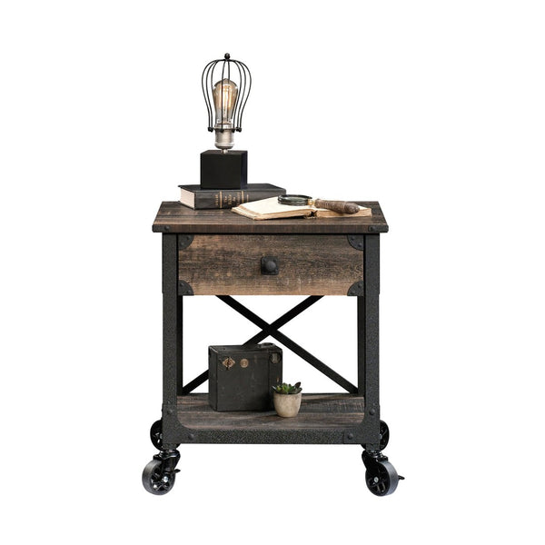 English Elm Side Table With Rolling Casters - Brown Industrial Finish, Spacious Top & Smart Storage Solution B356P367951-GIGA