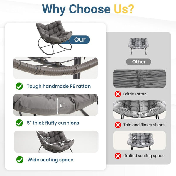 English Elm Dark Wicker Egg Rocking Chair with Ottoman Outdoor Pe Woven Patio Lounge Set Gray B082P455170
