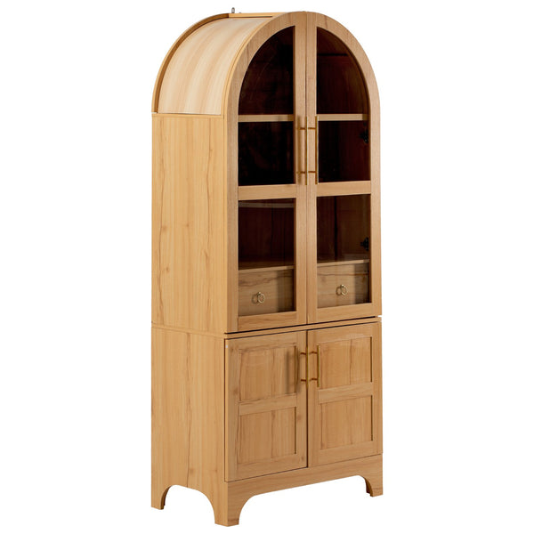 English Elm K&K Arched 71" Kitchen Pantry Cabinet with Glass Doors, Brass Handles, Adjustable Shelves & Drawer Natural N707P288969Y