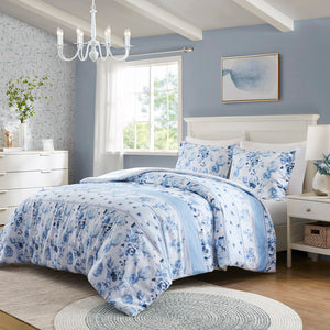 JLA Home Intelligent Design - Floral Vintage-Striped Duvet Set with Antimicrobial Finish, OEKO-TEX, Button Closure & Ties 90 L x 68 W x 0.13H ID12-2328