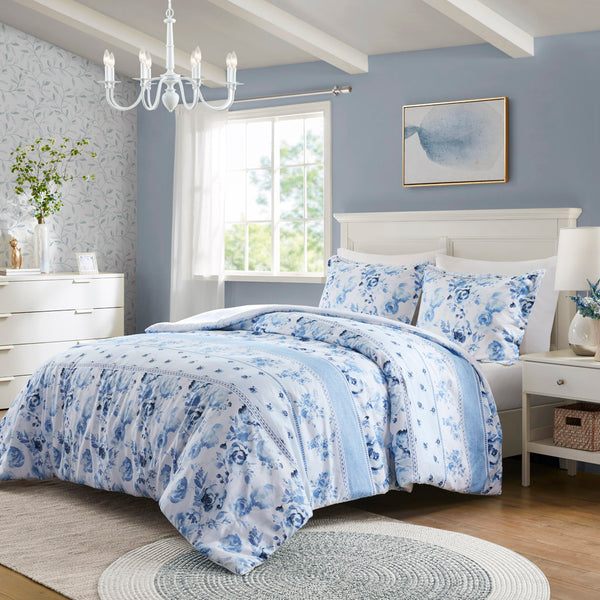 JLA Home Intelligent Design - Floral Vintage-Striped Duvet Set with Antimicrobial Finish, OEKO-TEX, Button Closure & Ties 90 L x 68 W x 0.13H ID12-2328