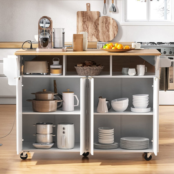 English Elm K&k Fluted Rolling Kitchen Island Faux Marble Top Power Outlet Storage Drawers White N707P353934W