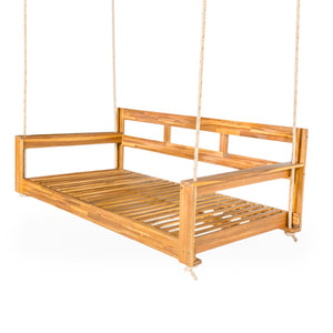 English Elm TOPMAX Acacia Wood Twin Porch Swing Bed Frame with High Back, 350lb Capacity & 118" Hemp Ropes Natural N717P265795A