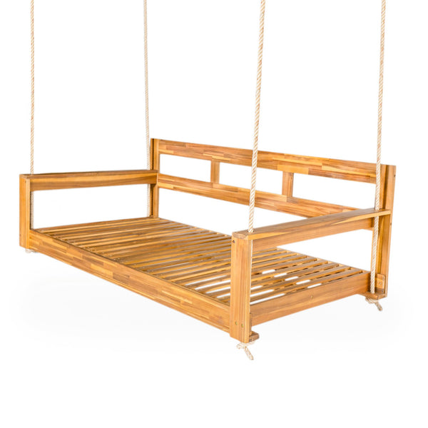 English Elm TOPMAX Acacia Wood Twin Porch Swing Bed Frame with High Back, 350lb Capacity & 118" Hemp Ropes Natural N717P265795A