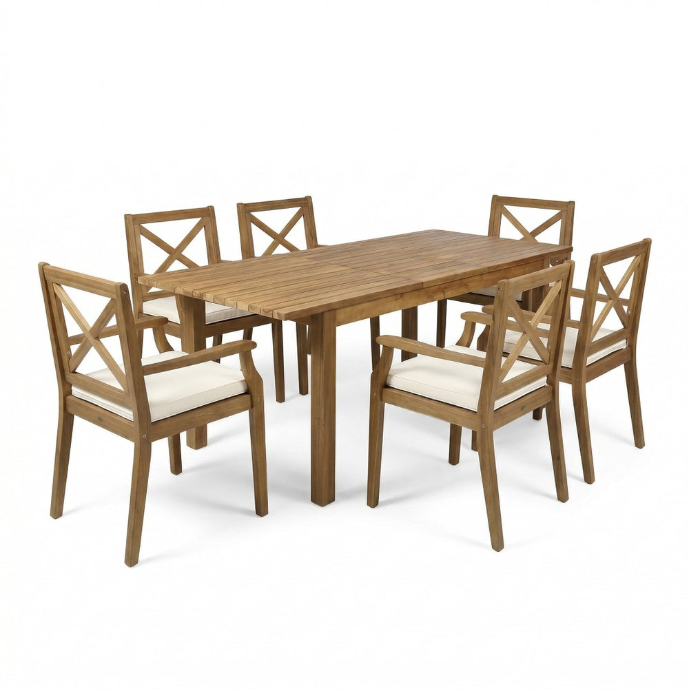 English Elm 7 Piece Acacia Hardwood Outdoor Dining Set Extendable Table Six Armed Chairs Teak N762S000042AAK