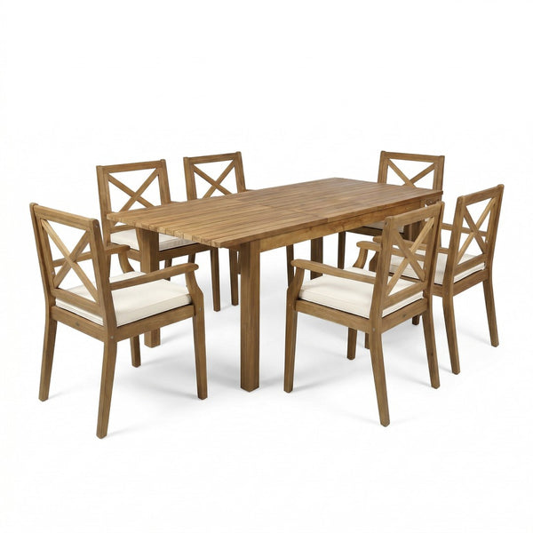 English Elm 7 Piece Acacia Hardwood Outdoor Dining Set Extendable Table Six Armed Chairs Teak N762S000042AAK