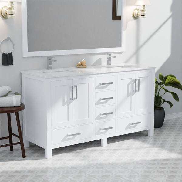 English Elm White Double Bath Vanity Set With 60" Quartz Top, Chrome Faucets, Storage, And 58" Framed Mirror B2731S00991-GIGA