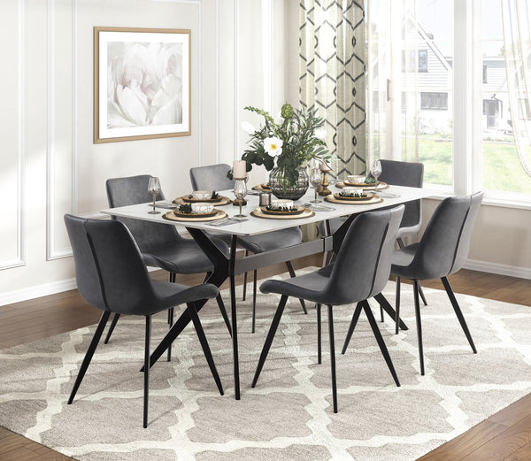 English Elm Modern Brixley 5pc Dining Set with Sintered Stone Marble Top, Gray Upholstered Chairs & Black Legs B011S01367