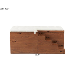 English Elm 56"L, 56"L Mid-Century Walnut Dog Crate Bench Ottoman with Sliding Barn Door, Padded Removable Cushion, Wheels, 300lb耐 N843P293660W