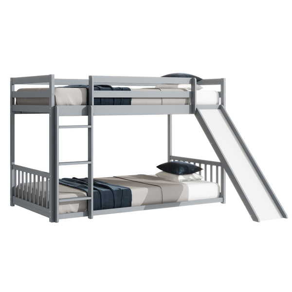 English Elm Twin Over Twin Floor Bunk Bed With Slide, Ladder, Safety Guardrails - Charming Grey Pine Wood Design W504S00189-GIGA