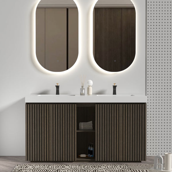 English Elm Galan60F" Modern Smoked Oak Bathroom Vanity With One-Piece Sink, Spacious Storage & Soft-Close Hinges W1865S00153