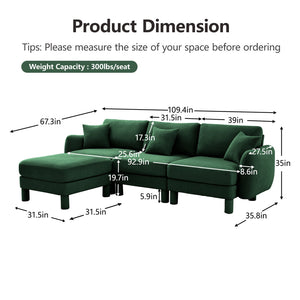 English Elm Boucle Fabric Convertible L-Shaped Sectional Sofa With Shell Armrests, Removable Ottoman, Green Chic Design W3041S00309