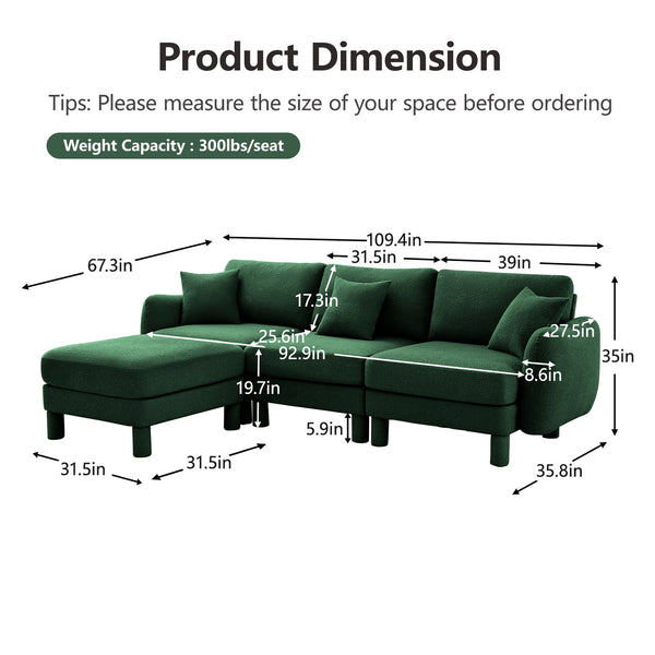 English Elm Boucle Fabric Convertible L-Shaped Sectional Sofa With Shell Armrests, Removable Ottoman, Green Chic Design W3041S00309