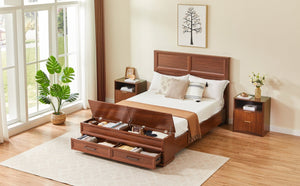English Elm Queen Storage Bed with Geometric 3d Headboard Four Drawers and Walnut Finish W1820S00045